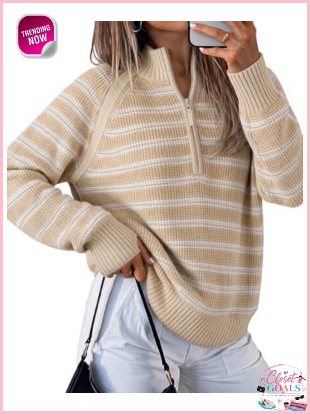 Half Zip Striped Ribbed Knit Pullover Sweater Women Long Sleeve
